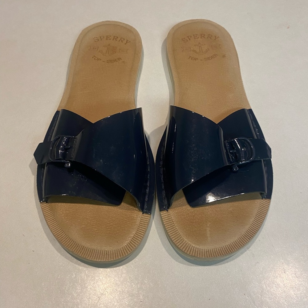 SPERRY TOP SIDER SEAPORT SLIDE SANDAL DARK BLUE PATENT LEATHER WOMENS SZ 10 - Picture 4 of 13